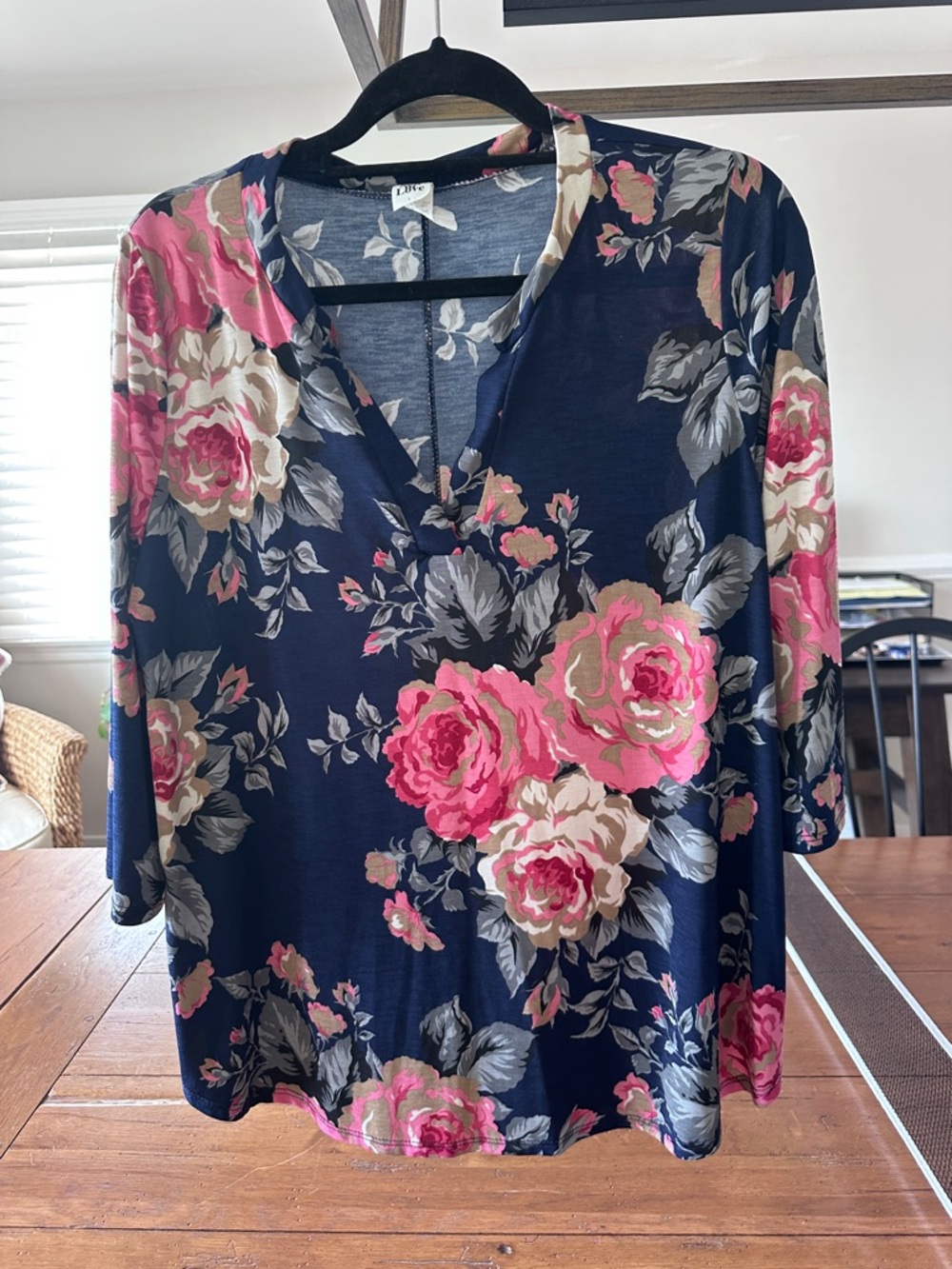 Sew In Love Navy Floral V-Neck Top with Pink Roses